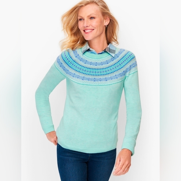 NWT Talbots Fair Isle Yoke Sweater Lambswool Blend Mint Green Petite Size P - Picture 1 of 6